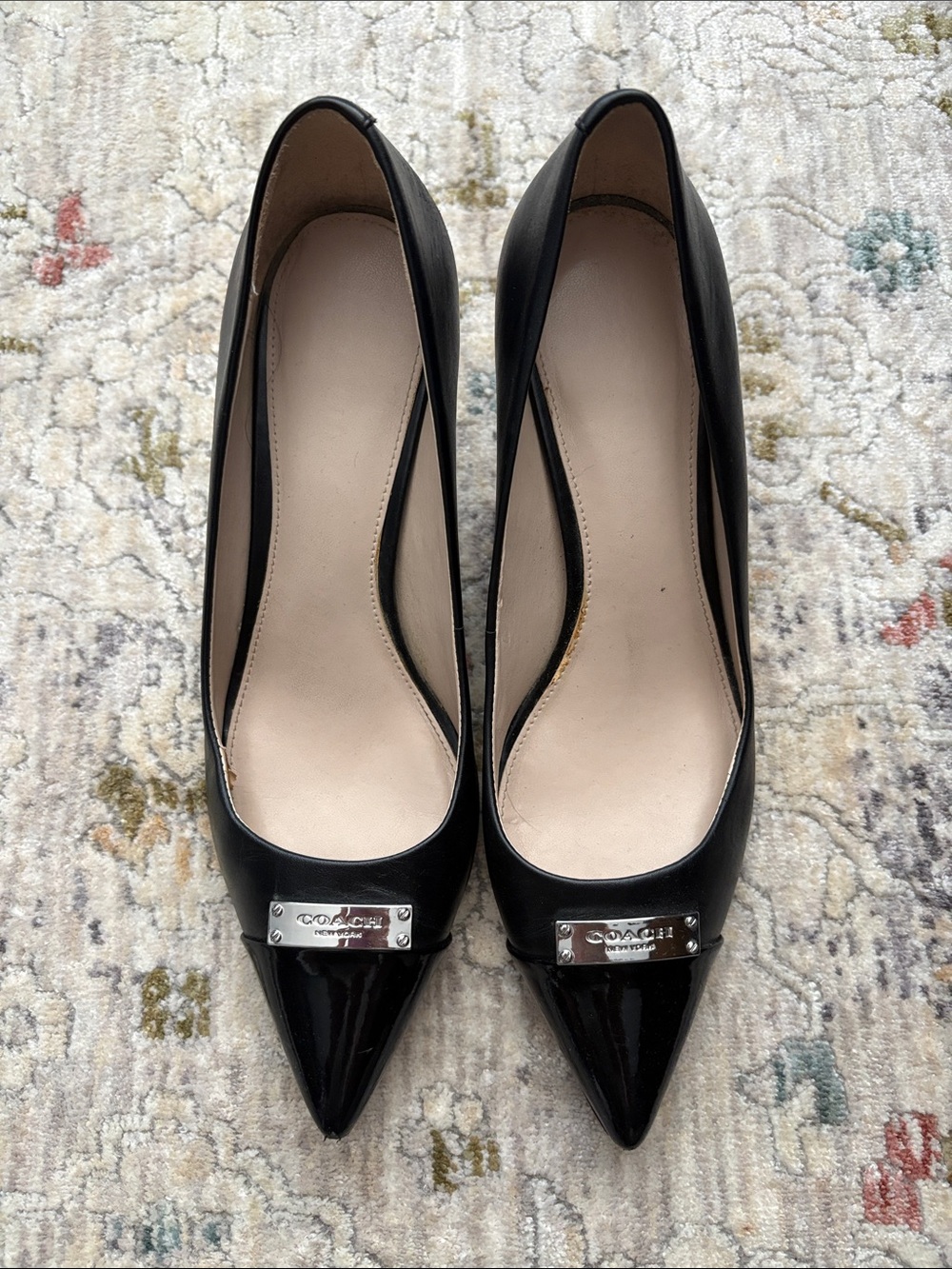 Coach Leather Point Cap Toe Black Silver Plate Emblem Heels